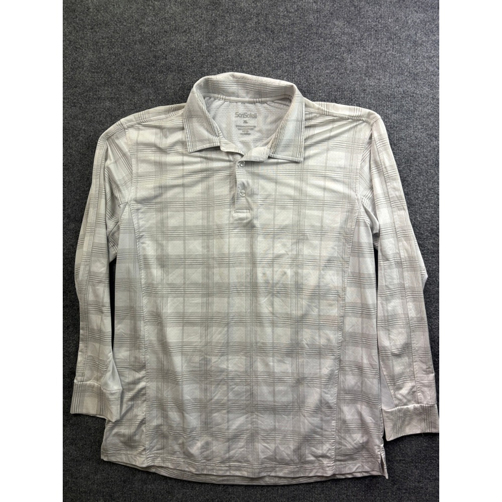 SanSoleil Polo Shirt Mens XL White Plaid Long Sleeve UPF 50 Performance Golf
